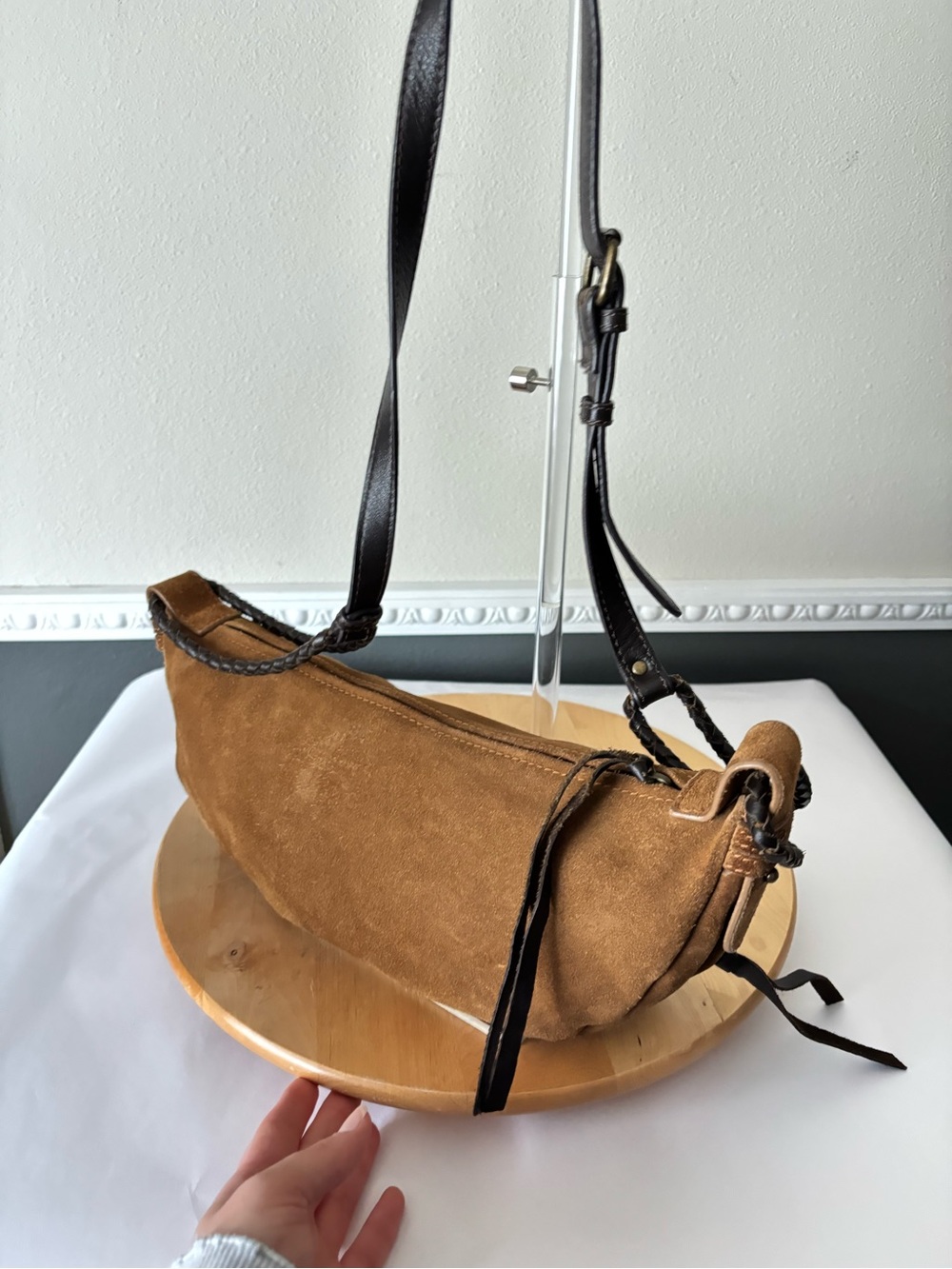 Free People Brown Suede Leather Slouchy Braided Crescent Hobo Shoulder Bag